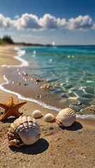 Seashells scattered on a sandy beach with swaying palm trees in the background