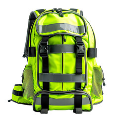 Front view of a neon green backpack with reflective stripes and piping isolated on a white transparent background