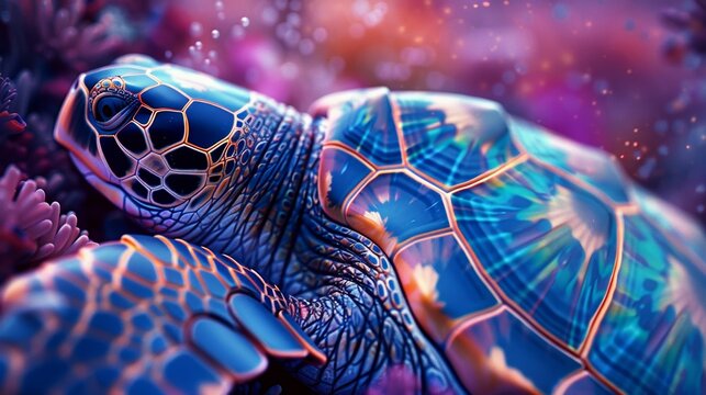 A mesmerizing close-up of a sea turtle with glowing, iridescent shell patterns, swimming through vibrant coral reefs