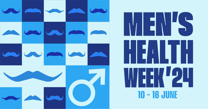 Men's health week 2024 banner with geometric background. Awareness event campaign banner witn mustache and male gender symbol.