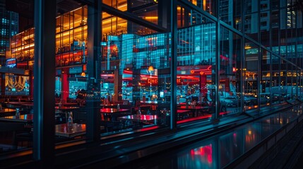 Reflective city lights in a modern glass building