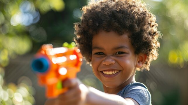 A young boy is holding a toy gun and smiling