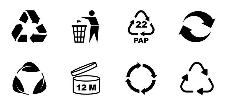 Set of recycle symbols for packaging products. Universal recycling and packing signs. Trash icons. Reuse cycle. Vector eco icons.