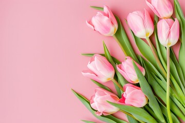 Pink Tulips on Pastel Pink Background, Flat Lay
