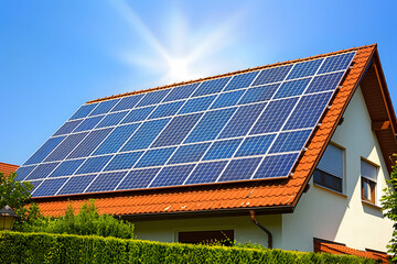 Naklejka premium Sunlight shining on an array of solar panels on a house roof, clean energy and ecosystem