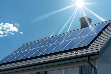 Sunlight shining on an array of solar panels on a house roof, clean energy and ecosystem