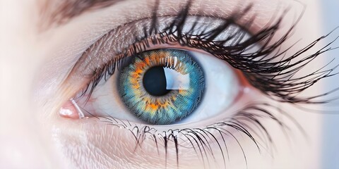 Closeup of human eye with long eyelashes visually striking and detailed. Concept Closeup Eye Photography, Long Eyelashes, Detailed, Visually Striking, Macro Shots