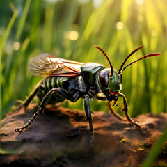 Naklejka premium common green grasshopper war heer sunset blue sky background, 