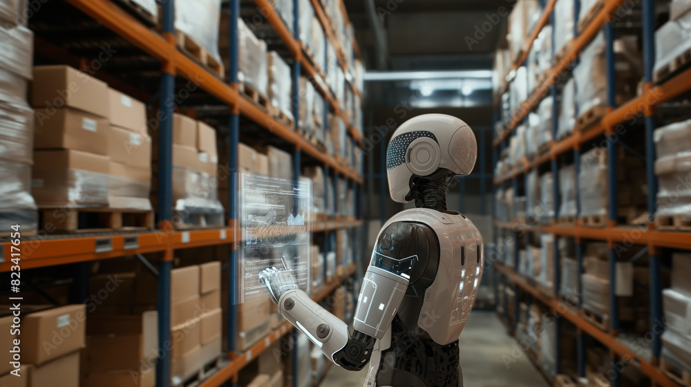 Poster modern ai robot working in a smart warehouse managing and checking the stocks of products using augm