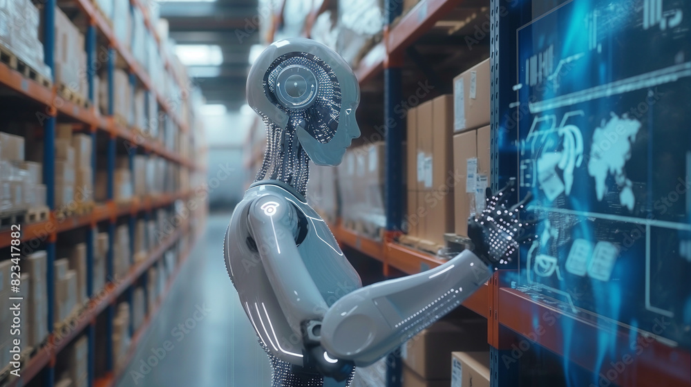 Poster modern ai robot working in a smart warehouse managing and checking the stocks of products using augm