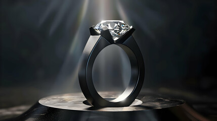 Black and white photo of a diamond ring on a black background with light shining down on it.