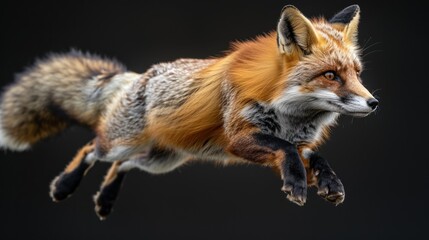 Fototapeta premium Diamond fox caught in mid-air leap, studio lighting backdrop