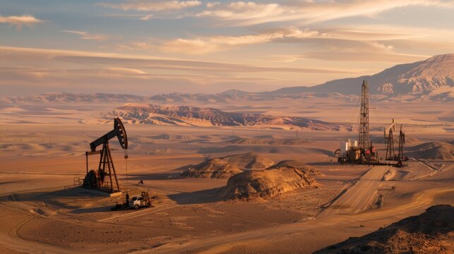 An oil rig stands tall in the desert landscape, with mountains towering in the background.
