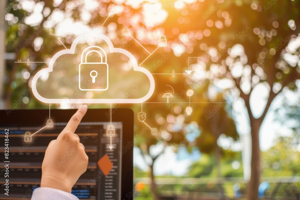 Aufkleber hand presenting a secure cloud icon with a nature background, symbolizing the integration of technol