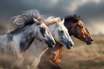 A stunning photograph of three majestic horses, their hair flowing in the wind as they run across an open field. Portrait, close-up. Blurred background. Horizontal. Space for copy. 