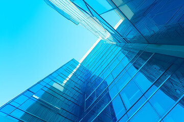 Obraz premium Upward view of modern glass buildings reflecting blue sky