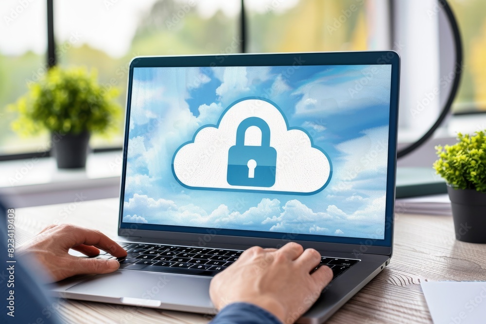 Poster laptop displaying a secure cloud icon with a blue sky background, symbolizing cloud computing techno