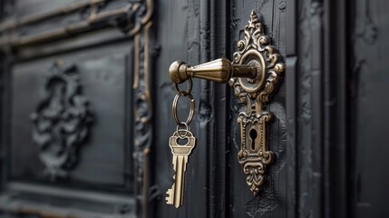 an antique brass door handle with keys dangling, shot in sharp focus with a shallow depth of field and a blurred background.