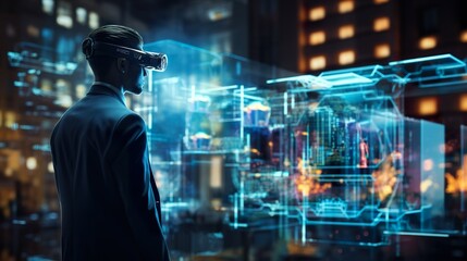 a business and vr headset is in front of a display hologram data tranfer network