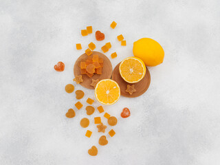 Homemade marmalade candy with lemon citrus fruits. Flat lay, top view