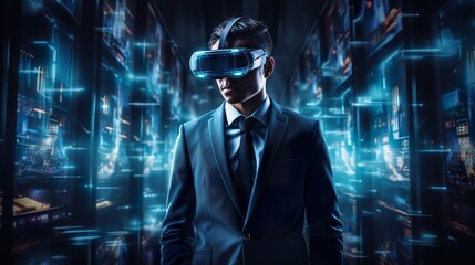 a business and vr headset is in front of a display hologram data tranfer network