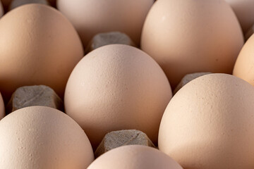 Brown eggs stacked in rows.Group of Fresh white Eggs in a cardboard cassette. Organic food from nature good for health.
