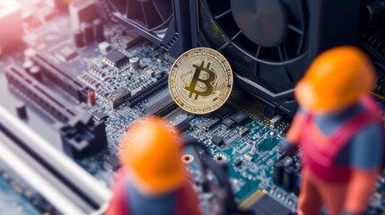 Miniature figures of miners inspecting a Bitcoin on a detailed motherboard, metaphor for the mining process in cryptocurrency.