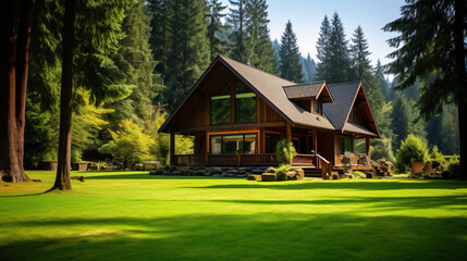 Cute cabin house with large grassy yard. 