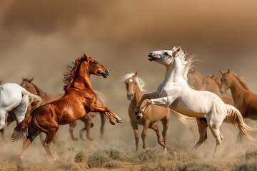 Two horses rearing up and fighting in the middle of an open field, surrounded by other wild horses running around them. The background is a dusty desert with brown hues. Horizontal. Space for copy. 