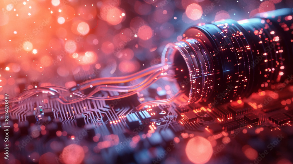 Poster glowing data cables on an abstract background, conveying information background in the digital world