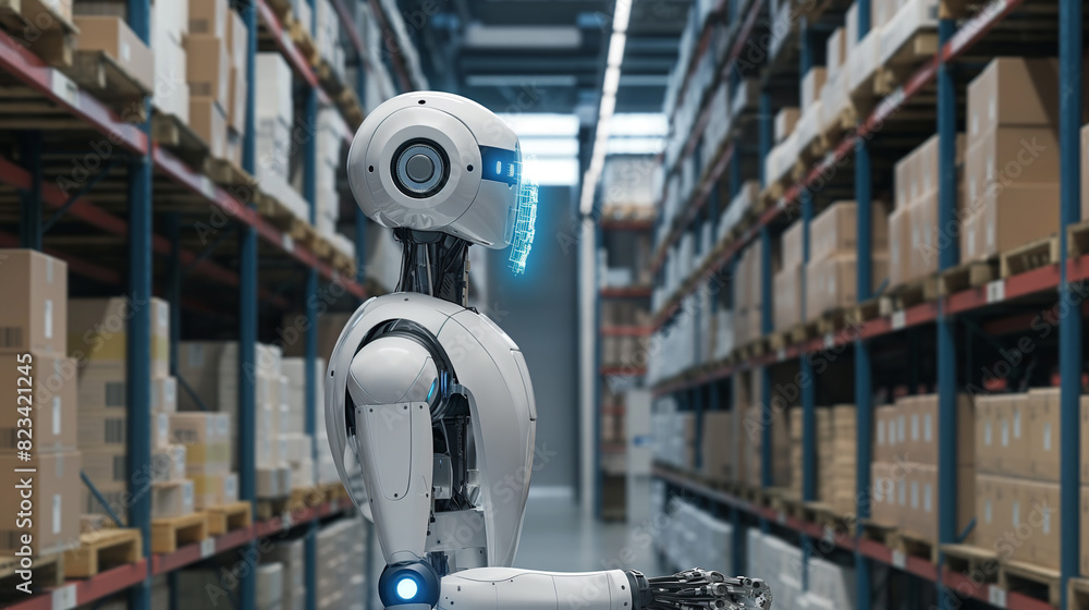 Poster modern ai robot working in a smart warehouse managing and checking the stocks of products using augm
