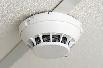 Fire fighting equipment, smoke detector on white ceiling