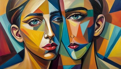 Artistic representation of two human faces merged into one, painted with bold, geometric color blocks.