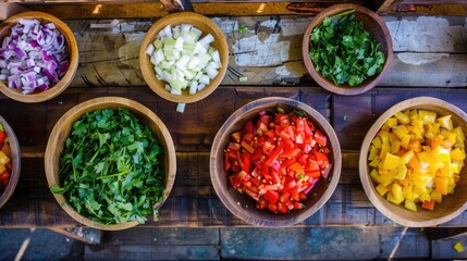 wooden bowls with fresh, vibrant vegetables and sliced red onion, neatly arranged for pico de gallo on a dark background.