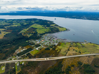 Aerial view of Chacao Channel on Chiloe Island, Chile
