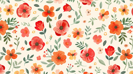 Seamless floral pattern with red and orange flowers. A cheerful seamless floral pattern with red and orange flowers on a cream background. Perfect for spring and summer designs.