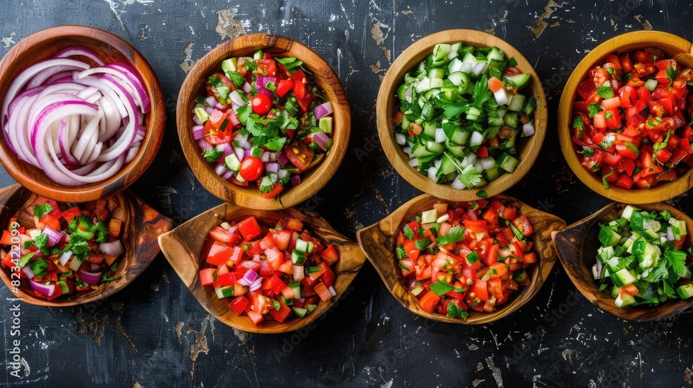 Wall mural wooden bowls with fresh, vibrant vegetables and sliced red onion, neatly arranged for pico de gallo on a dark background.