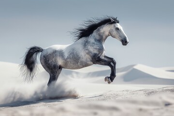 A majestic gray and black horse rearing up in the desert, white sand dunes, ethereal atmosphere, soft shadows, minimal contrast. Horizontal. Space for copy. 