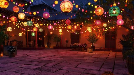 A charming street scene at night, with rows of buildings illuminated by colorful string lights draped along the facades and street lamps.