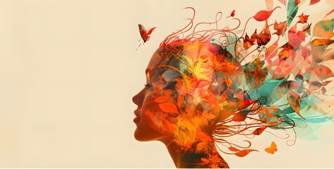 Profile of Woman's Head with Colorful Abstract Shapes and Nature