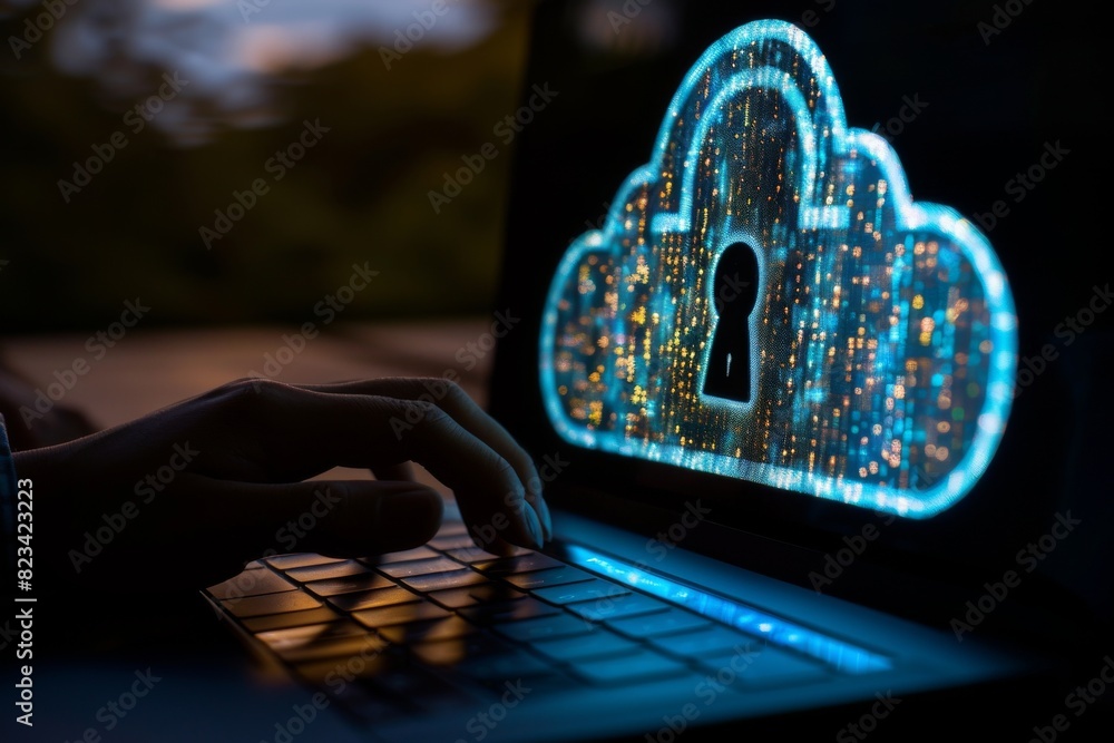 Poster person typing on a laptop with a secure cloud icon on the screen, representing cloud computing techn
