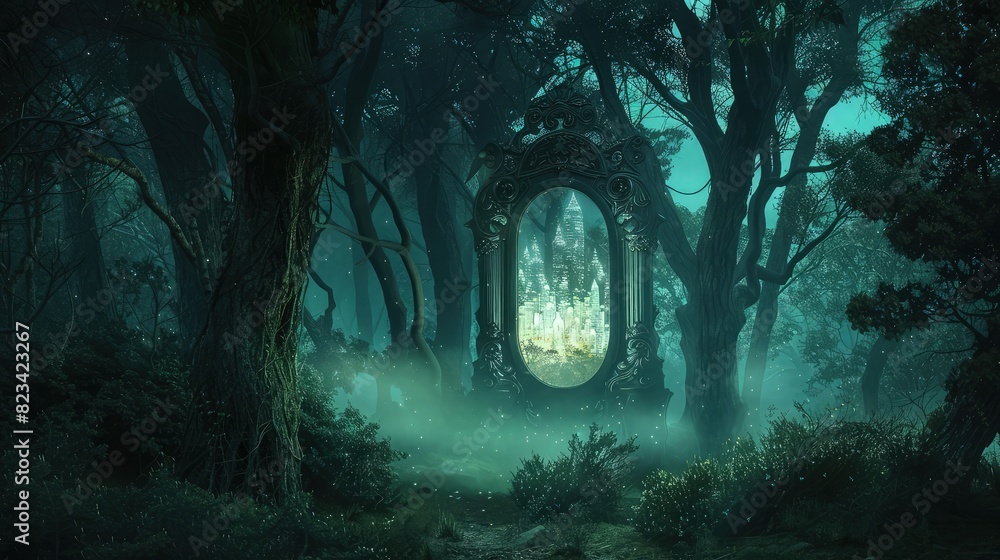 Poster a forest with green color theme and large glassy mirror in the forest with view of the forest in the