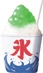 Watercolor painting of Japanese shaved ice topped with green syrup.