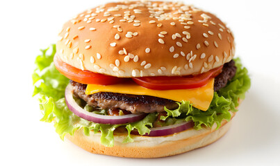 Classic Cheeseburger with Fresh Vegetables on a White Background
