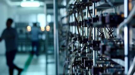 Fototapeta premium An out-of-focus shot of a technician walking past a cryptocurrency mining farm with numerous hardware setups visible, emphasizing the scale and operation of digital currency mining.