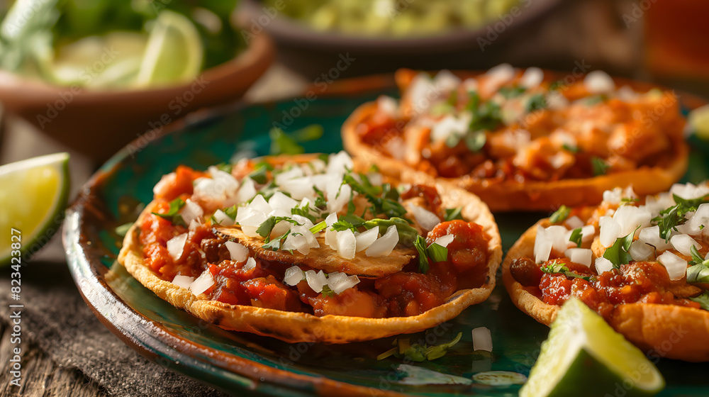 Wall mural Authentic Mexican Tostadas with Fresh Salsa and Toppings