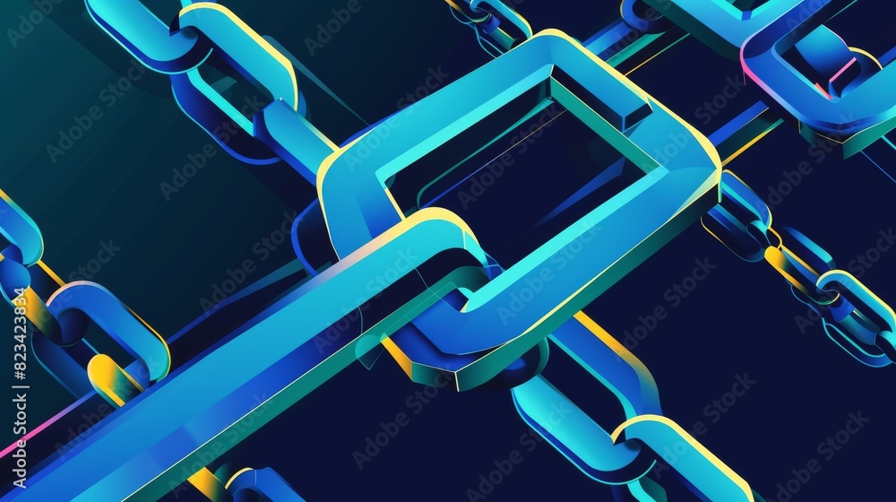Poster abstract digital artwork depicting a colorful blockchain design with blue and yellow chains on a dar