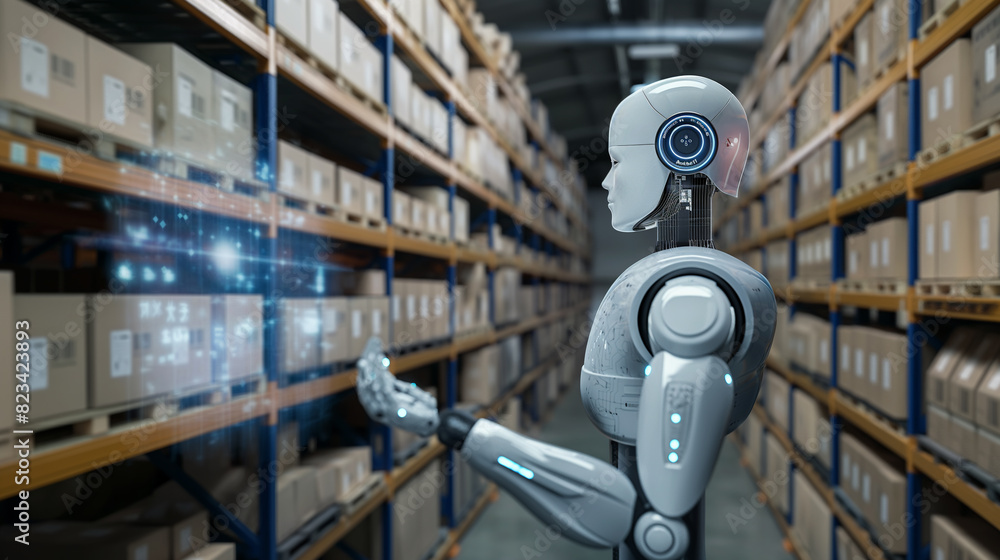 Poster modern ai robot working in a smart warehouse managing and checking the stocks of products using augm