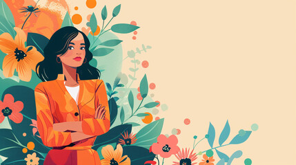 Illustrated woman in vibrant floral background, exudes confidence and creativity. Bright colors and bold design elements.