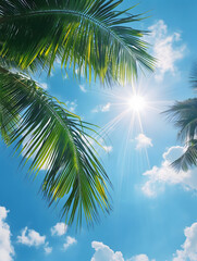 Tropical Palm Leaves Against a Sunny Blue Sky with Sun Flare